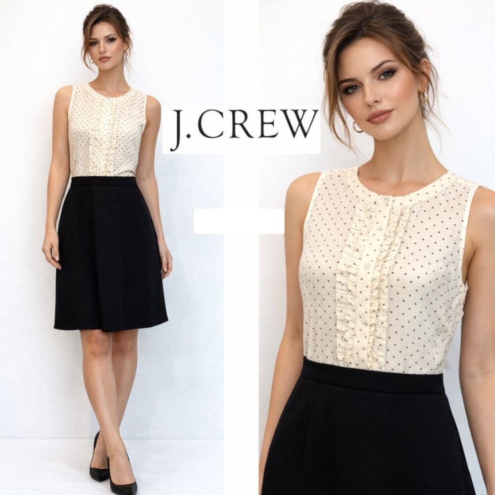 J. Crew Cream Polka Dot Ruffle Bodice Black Skirt Mini Dress